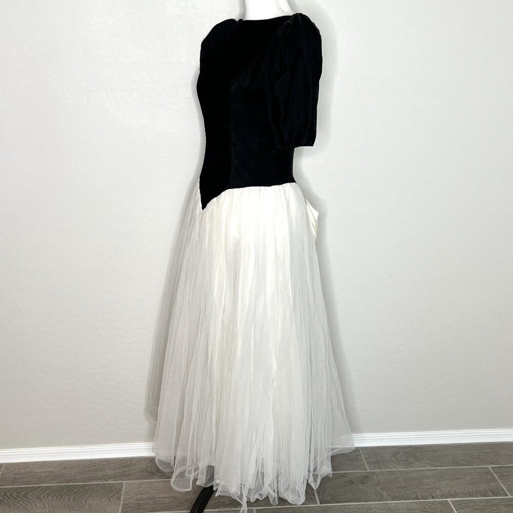 Vintage 1980s Black Velvet Tulle Retro Party Dress Small Puff Sleeve Bow Prom - Picture 5 of 11